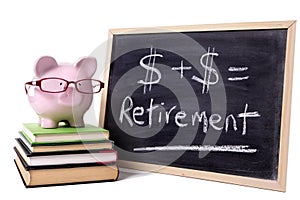 Pension plan, Piggy Bank with retirement saving growth formula isolated on white background