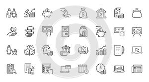 Pension savings line icons set. Retire plan, budget, senior money, bank deposit, investment fund, piggy bank, retirement