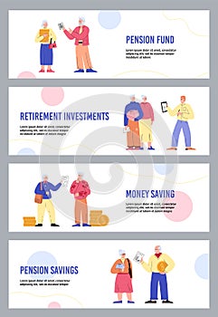 Pension savings and retirement fund advertising flyers flat vector illustration.