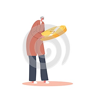 Pension, Wealth and Retirement Concept. Tiny Senior Woman with Huge Golden Coin. Investment Growth, Investor with Money