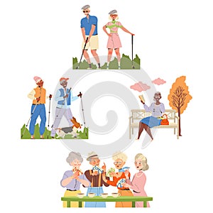 Pensioner Characters Engaged in Different Hobby Activity on Retirement Vector Set