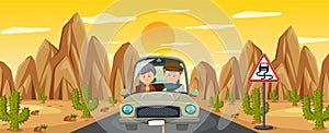 Pensioner couple driving on the desert road trip