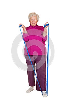 Pensioner exercising with strap