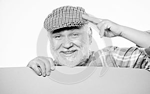 Pensioner grandfather in vintage hat hold poster information copy space. Event announcement. Announcement concept