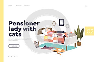 Pensioner lady with cats concept of landing page with senior woman sleeping in bed and pets around