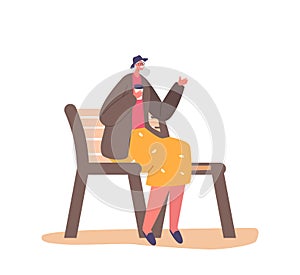 Pensioner Lady Outdoor Sparetime. Senior Female Character Sitting on Bench in Park or House Yard, Old Woman Drink Coffee