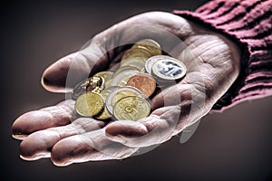 Pensioner man holding in hands euro coins. Theme of low pensions