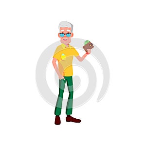 pensioner man with wallet full money make purchase in store cartoon vector