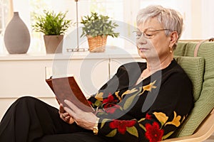 Pensioner reading in armchair