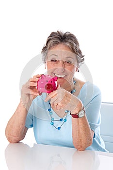 Pensioner woman with savings - elder woman isolated on white background