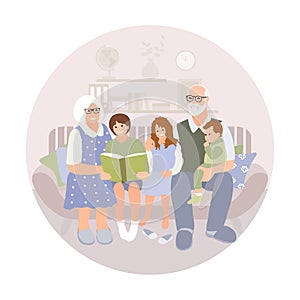 Pensioners, grandparents, older people concept. Older happy man and woman enjoy sitting with kids. Elderly couple sit