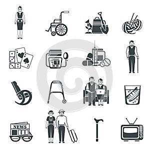 Pensioners Life Black White Icons Set