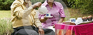 pensioners mixed race chatting over a cup of tea in the garden