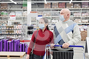 Pensioners in protective masks choosing products  in  supermarket