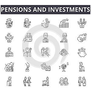 Pensions and investments line icons, signs, vector set, linear concept, outline illustration