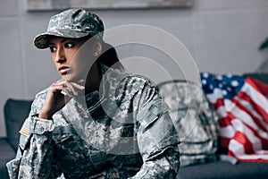 Pensive african american female soldier