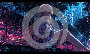 A pensive anime girl sitting on a bench overlooking a neon-lit futuristic cityscape at night.Generate AI