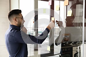 Pensive Arabic businessman develop business plan on wall