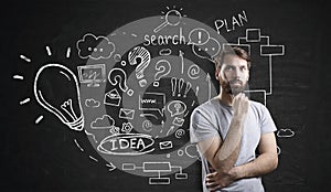 Pensive bearded businessman near startup idea sketch on chalkboard