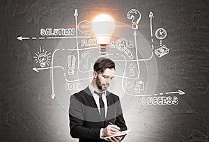 Pensive bearded man and busines bulb icon photo