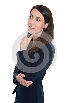 Pensive business woman touching chin - isolated on White.