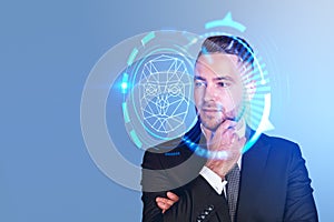 Pensive businessman and biometric scanning, digital hologram with loading