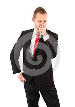 Pensive businessman - man isolated on white background