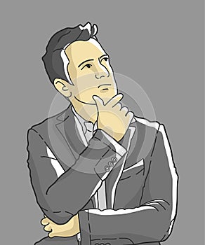 Pensive businessman thinking with hand on chin.