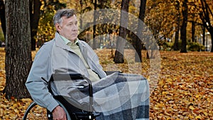 Pensive caucasian male mature man grandfather ride by wheelchair in autumn park sad serious senior older age person