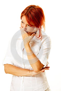 Pensive caucasian woman