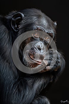 Pensive chimpanzee, hand on chin, dark background. Wildlife conservation, educational material,. AI Generated