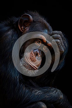 Pensive chimpanzee, hand on chin, dark background. Wildlife conservation, educational material,. AI Generated