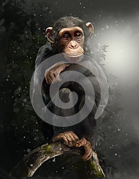 Pensive chimpanzee sits on a branch