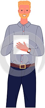 Pensive employee or businessman holding document. Portrait of young male character carrying papers