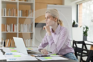 Pensive female project leader thinking over challenge