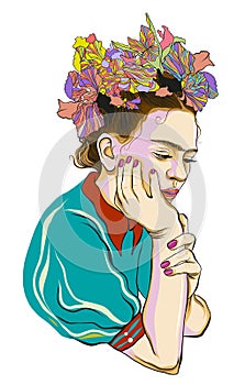 Pensive Frida Kahlo with wreath from flowers. photo