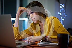 Pensive Girl College Student Studying At Night