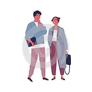 Pensive guy and smiling girl in stylish outfit stand together vector flat illustration. Business people carry briefcase
