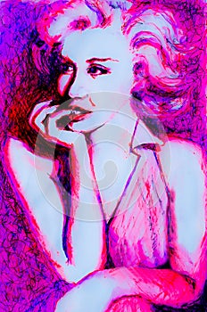 Pensive Ink drawing of 1950's lady in neon pink inspired by images of Marilyn Monroe