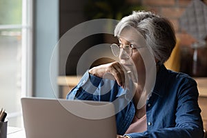 Pensive lady retiree study computer ponder on next step