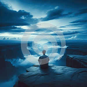 Pensive man sitting on the edge of a cliff against the background of a beautiful landscape.