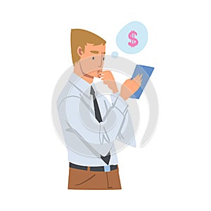 Pensive Man with Tablet PC Analyzing Financial Profit Growth and Evaluating Revenue and Expense Vector Illustration