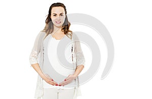 Pensive Pregnant Woman Dreaming About Child. Smile Happy Expectant Thinking About Her Baby And Enjoying Her Future Life.