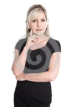 Pensive and questioningly isolated businesswoman in portrait.