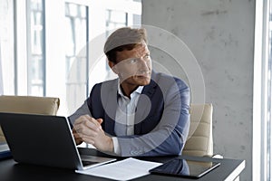 Pensive skilled middle aged businessman working on computer.