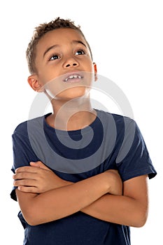 Pensive small child with blue t-shirt