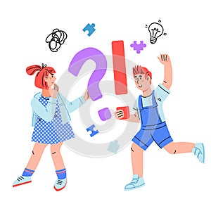 Pensive smart children with question and exclamation sign, cartoon vector