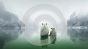 Pensive Stillness: Symmetrical Polar Bears In The Mountains