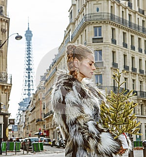 Pensive trendy fashion-monger with Christmas tree in Paris