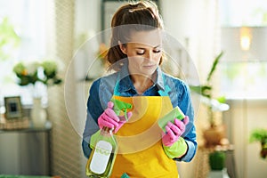 Pensive woman with cleaning agent and sponge housecleaning